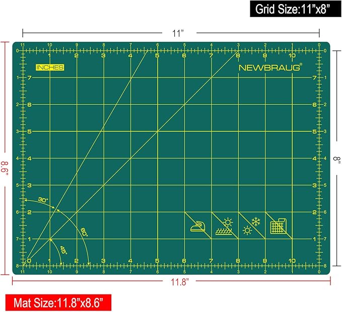 NEWBRAUG 9'' × 12'' Professional Self Healing Cutting Double Sided 5-Ply Mat, Best Gridded Rotary Cutting Board for Quilting, Sewing, Craft, Fabric & Scrapbooking (Green/Black)…