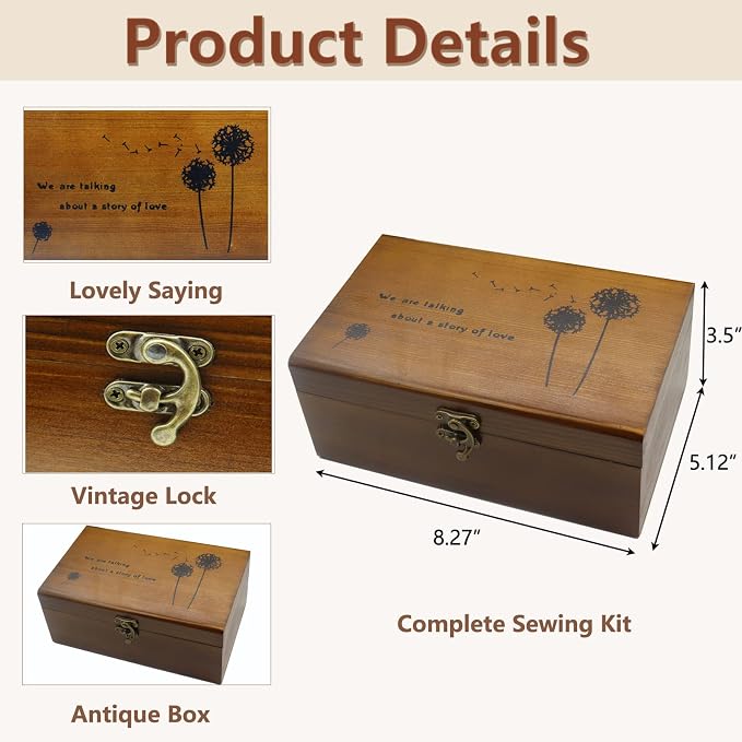 Flytreal Sewing Kit Box Basket, Wooden Hand Home Sewing Repair Tool Kit, Beginner Universal Sew Kit Accessories for Women, Men, Adults, Girls, Kids (Retro Dandelion)
