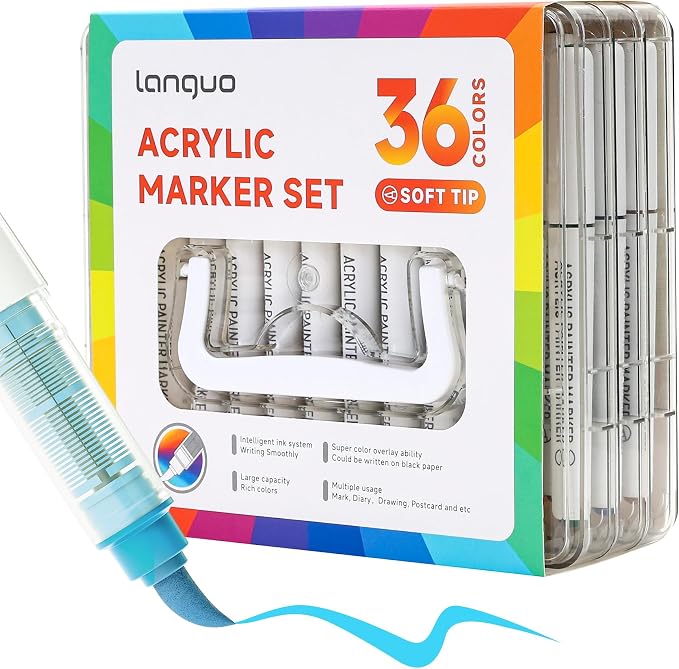 languo 36 Colors Acrylic Paint Markers, Brush Tip, Direct Liquid Ink