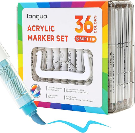 languo 36 Colors Acrylic Paint Markers, Brush Tip, Direct Liquid Ink