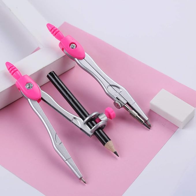 Unjoo Math Geometry Set 10 Pcs, Compass and Protractor for Students (Pink) | Shatterproof Storage Box,Rulers,Protractor,Compass,Eraser,Pencil Sharpener,Lead Refills,Pencil,for Classroom, Back to School