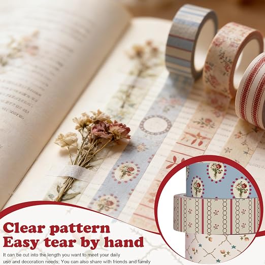 12 Rolls Floral Washi Tape Set,Retro,Mixed Pattern | Watercolor Flowers Design for Scrapbook Journal DIY Craft School Supplies, 15 mm Vintage Decorative Masking Washi Tapes