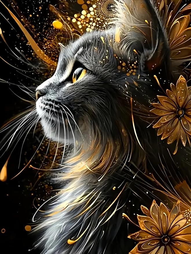 Black Cat Diamond Art Kits for Adults, 5D Diamond Painting for Adult Beginners, DIY Full Drill Round Gem Painting Dot Art for Adults, Home Wall Decor 11.8x15.7 Inch