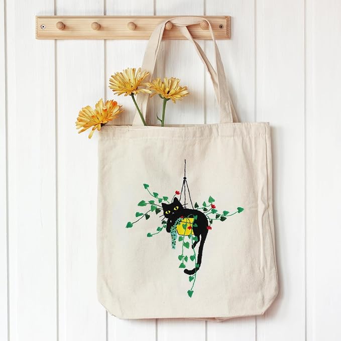 Louise Maelys Plant Cat Embroidery Kit Canvas Tote Bag for Beginners