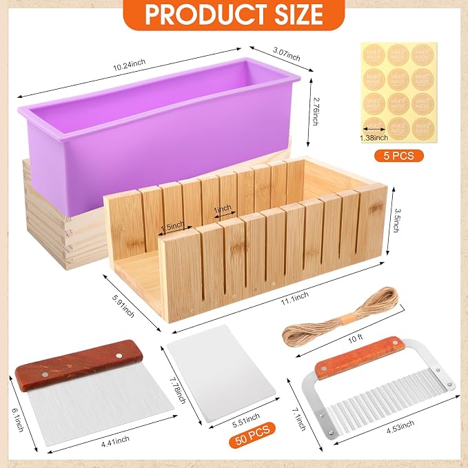 Honeydak 2 Pcs Soap Molds Making Kit with Soap Cutter for Making 42 oz Silicone Loaf Mold Set with Stainless Steel Wavy & Straight Slicer 50 Bags 60 Stickers 32.8 ft Rope for Homemade Craft Supplie