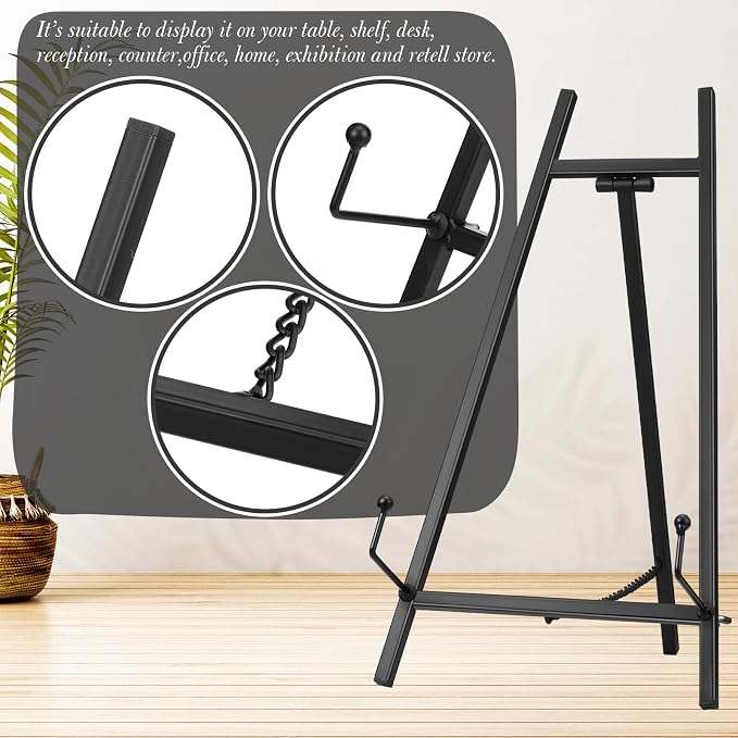 Leinuosen 1 Pcs Metal Easel Stand 16.5" H x 8.7" W x 4.3" D Table Top Easel Stand for Display Tripod Art Picture Mirror Modern Plate Holder for Display Book Photo Wedding Sign (Black)