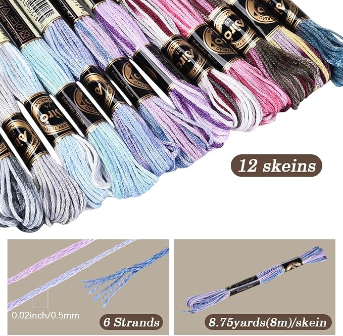 12 Skeins 105 Yards Cross Stitch Floss Variegated Embroidery Thread Bulk 6 Ply Polyester Colorful Purple Friendship Bracelet String for Sewing Making Needlecraft Knitting Clothes Stitching