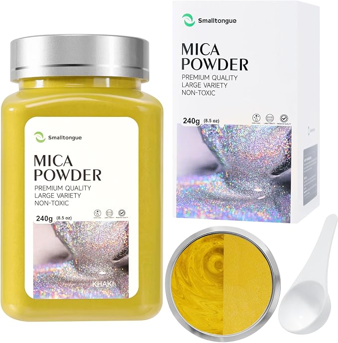Mica Powder, Khaki, 240g with Scoop, Complies with ASTM D-4236 | For Epoxy Resin, Soap, Bath Bomb, Candle| Safety Material| Odorless| Brilliant Colors