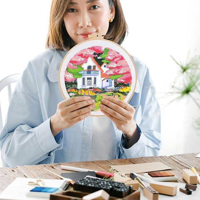 FONNUY Embroidery Kit for Beginners, Boho Nature Landscape Pre-Stamped Pattern Kits for Adults with Hoop, Easy to Follow Color Thread Needlework, 8'' Hoop (Flower House)