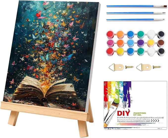 Butterflies Book Paint by Number Framed with Wooden Easel 12x16inch | Adult Paint by Numbers, Book Canvas Paint by Numbers for Adults, DIY Acrylic Adult Paint by Number Kits on Canvas