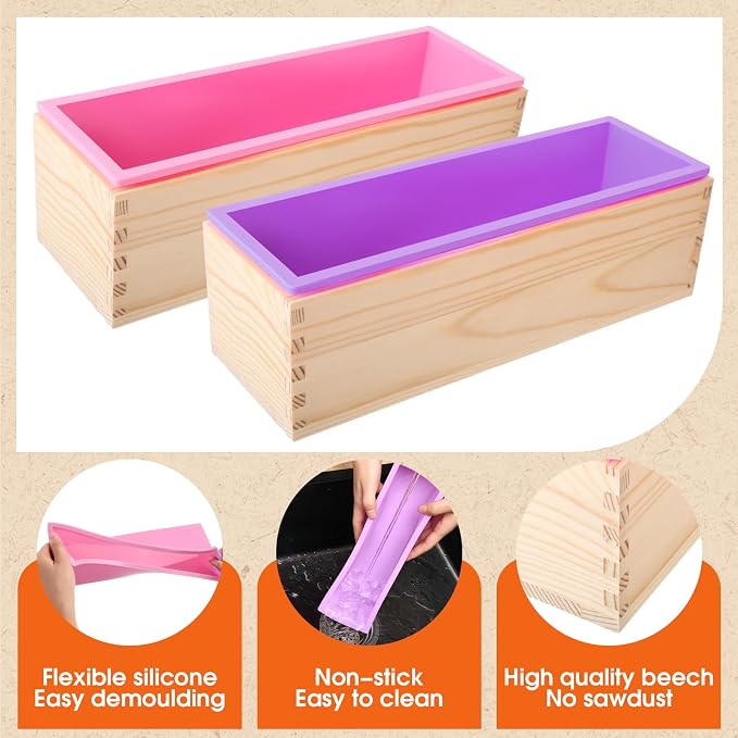 Honeydak 2 Pcs Soap Molds Making Kit with Soap Cutter for Making 42 oz Silicone Loaf Mold Set with Stainless Steel Wavy & Straight Slicer 50 Bags 60 Stickers 32.8 ft Rope for Homemade Craft Supplie