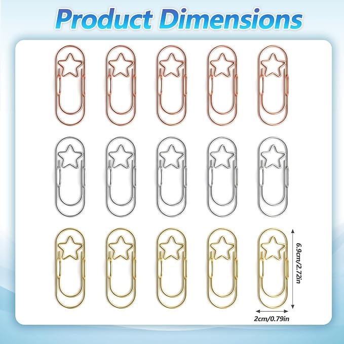 Ymapinc 15 Pcs Star Paper Clips Small, Pen Holder Clips, Metal Cute Paperclips, Pen Holder for Notebook, Bookmark, Planner/Journal Accessories for School Office (Gold+Silver+Rose gold)*5