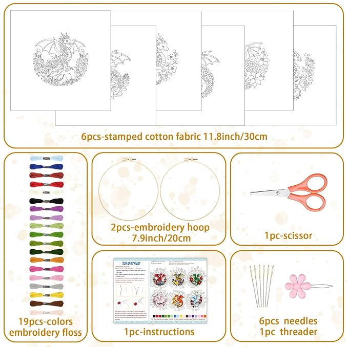 BEUNITONE 6 Set Embroidery Kits for Beginners with Dragon Pre-Print Pattern