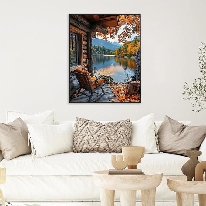 Paint by Numbers Kit for Adults, Fall Lake Cabin Number Painting Canvas Kit | DIY Acrylic Painting Set for Beginners, Stress Relief Relaxing Craft, Home Wall Decor, Holiday Gift for Adults, 16x20 Inch