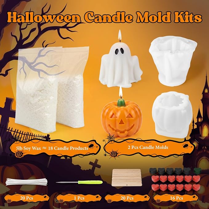 SACATR 5LB Halloween Candle Making Kit with Pumpkin & Ghost Silicone Molds