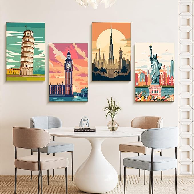 4 Pack Framed Paint by Numbers Kit for Adults with Wooden Easel, 8x12 Inch | Travel Cityscape, Easy DIY Acrylic Canvas Craft Kit with Frame for Beginners, Home Decor, Stress Relief Relaxing Hobby Gift