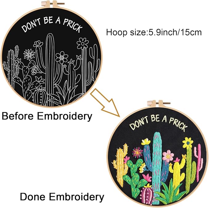 Louise Maelys Cactus Embroidery Kit for Beginners Plant Gift DIY Craft | Cross Stitch Kits for Adults Featuring Funny Cactus Artwork. Needlepoint Kit for Beginners to Enjoy Creative DIY Embroidery