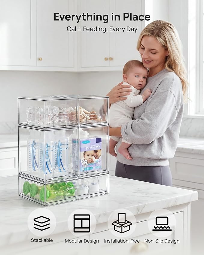Vtopmart Clear Stackable Storage Drawers Set of 9, Plastic Organizer Bins | Multi-purpose Boxes for Baby Bottle Storage, Ideal for Kichen, Vanity, Bathroom, Undersink, Cabinet, Pantry Organization