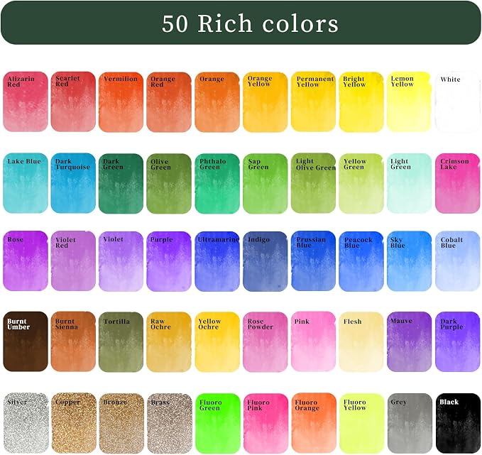 Artecho 50-Color Watercolor Paint Set, Compact Travel Tin Case | 50 Colors: 46 Classic & 4 Fluorescent; 2 Brushes and 10 Watercolor Sheets for Beginners, Gifting and Travel Painting