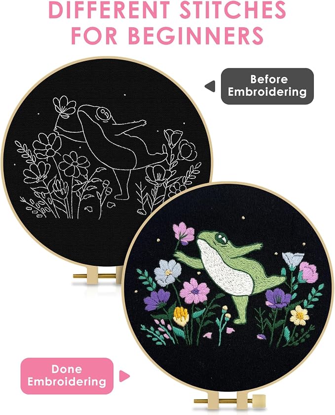 TINDTOP Embroidery Kit for Beginners Adult, Frog Embroidery Kit | Include Embroidery Cloth Hoops Threads for Craft Lover Hand Stitch with Embroidery Skill Techniques