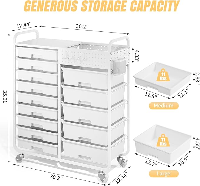 14 Drawer Rolling Storage Cart with Tabletop and Pegboard for Crafts White | Easy Setup, Large Capacity, Sturdy Build, Smooth Mobility, For classroom, office and dorm supplies