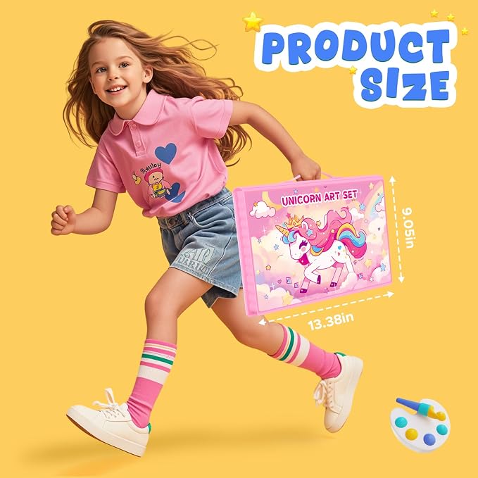homicozy Art Supplies, Unicorn Drawing & Coloring Set with Crayons, Colored Pencils, Markers, Sketchbook, Watercolor Cakes, Stencils, Arts and Crafts Painting Kit for Kids Ages 4-10, Girls Boys Gift