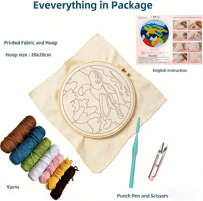 DIY Punch Needle Kits Green Sea Turtle with Hoop 20x20cm-5 | with Pattern Stamped Easy for Beginners Embroidery Punch Needle Starter Craft Set for Adults Festival Gift and Decoration