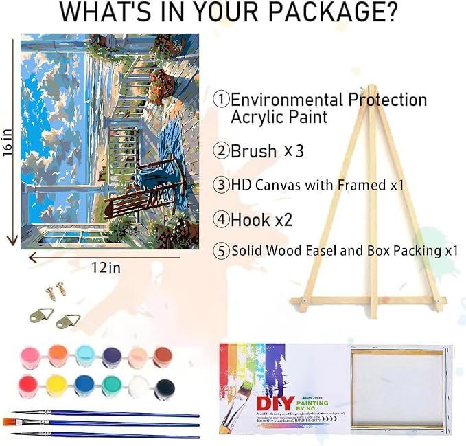 Clendo Landscape Paint by Numbers for Adults with Easel, Beach Adult Paint by Number Kits on Canvas, Framed DIY Color Oil Painting Acrylic Paints,Home Wall Decor 12x16inch
