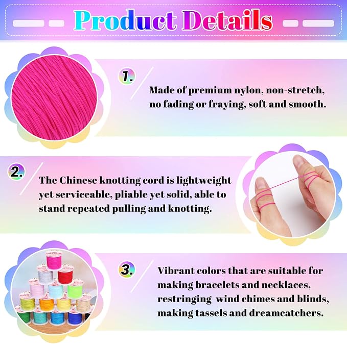 Nylon String for Bracelets, Cridoz 20 Rolls Chinese Knotting Cord Nylon Beading Thread for Kumihimo, Braided Bracelets, Beading, Necklaces, Macrame Craft, Wind Chime, Jewelry Making