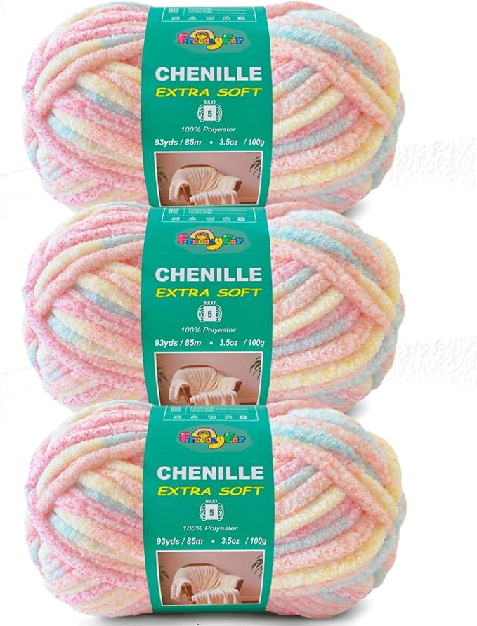 Super Soft Velvet Chenille Yarn for Crocheting and Knitting-Easy to Crochet-Bulky, 3.5oz/93yds of Each Skein-Chunky Plush Yarn for Hand Craft Blanket Ammigurumi DIY (Pastel Rainbow, 3 Pack)
