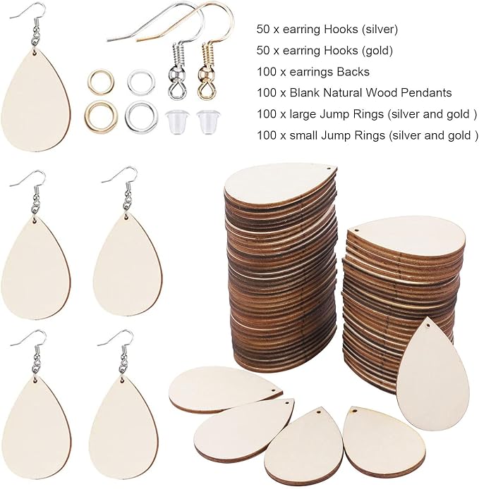 500 Pcs Unfinished Wooden Earrings, 100Pcs Blank Natural Wood Pendants100 Pcs Earring Hooks, 200 Pcs Jump Rings and 100 Pcs Earrings Backs for Jewelry DIY Craft Making