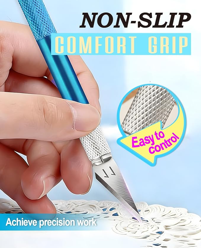 DIYSELF Precision Craft Knife with 10 Extra #11 Blades, 6-Inch Metal Ruler | Hobby Knife with Blades for Paper, Vinyl, Polymer Clay, Pottery & Models, Exacto Knife for Crafting, Crafters, Blue