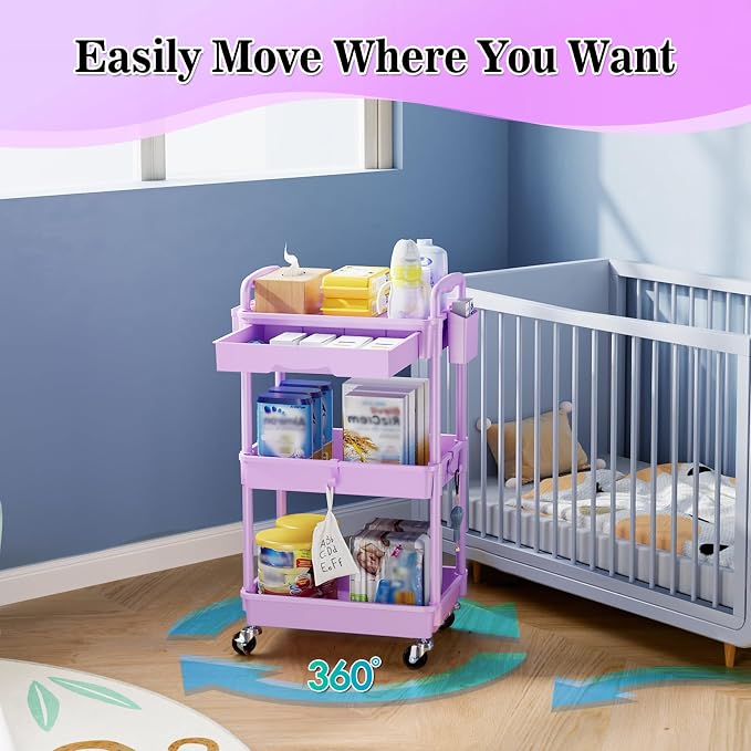 SUNALLY 3 Tier Rolling Cart with Drawer,Craft Storage Cart Organizer,Purple