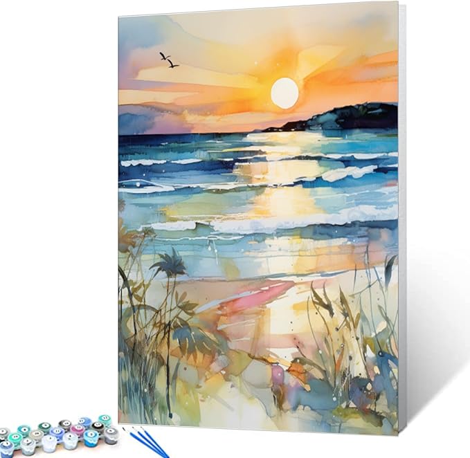 Sunset Beach Sea Landscape Paint by Numbers Kits 16x20 inch Canvas DIY Oil Painting for Kids, Students, Adults Beginner with Brushes Acrylic Pigment Graffiti Abstract Beach Photo Gift(DIY Frame)