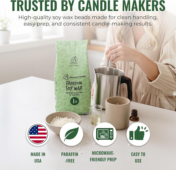 American Soy Organics Freedom Soy Wax Beads, All-Natural Candle Wax, 1 lb | DIY Candle Making Supplies Ideal for Container Candles, Tealights & Wax Melts, Paraffin-Free, Beeswax-Free, Microwavable