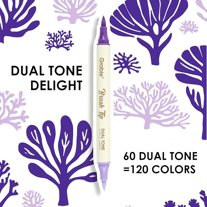 Grabie 72 Color Acrylic Paint Markers, Pack of 36 Dual Tip Brush Pens | 72 Colors in 36 Markers,Dual Tip Soft Brush Design,Water-Based Acrylic Ink For Paper, Rock, Wood, Canvas, Glass & Fabric