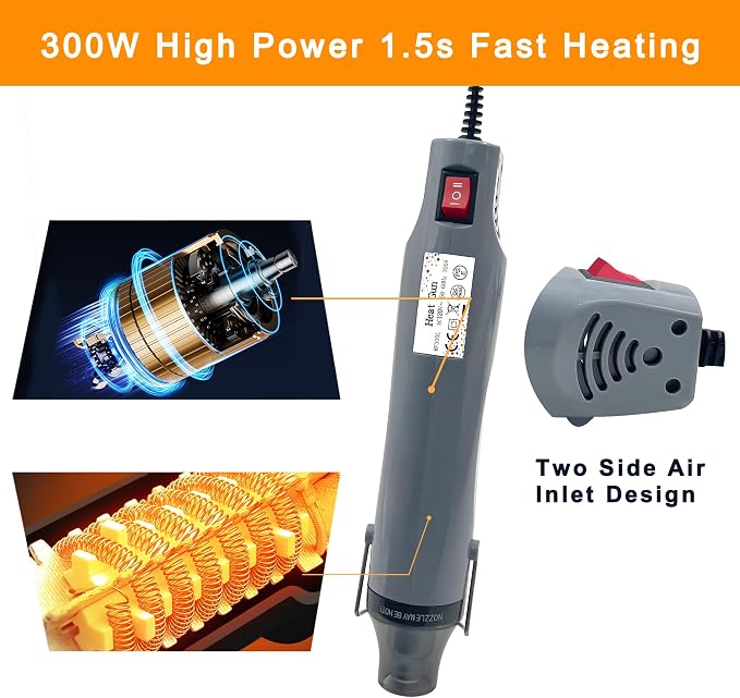 Mini Heat Gun for Crafting, 300W 2-Temp Settings Fast Heat Hot Air Gun Tool for Crafting, Heat Gun for Craft Dryer, 6.56Ft Long Cable Overload Protection for Drying Paint, Shrink Tubing - Grey