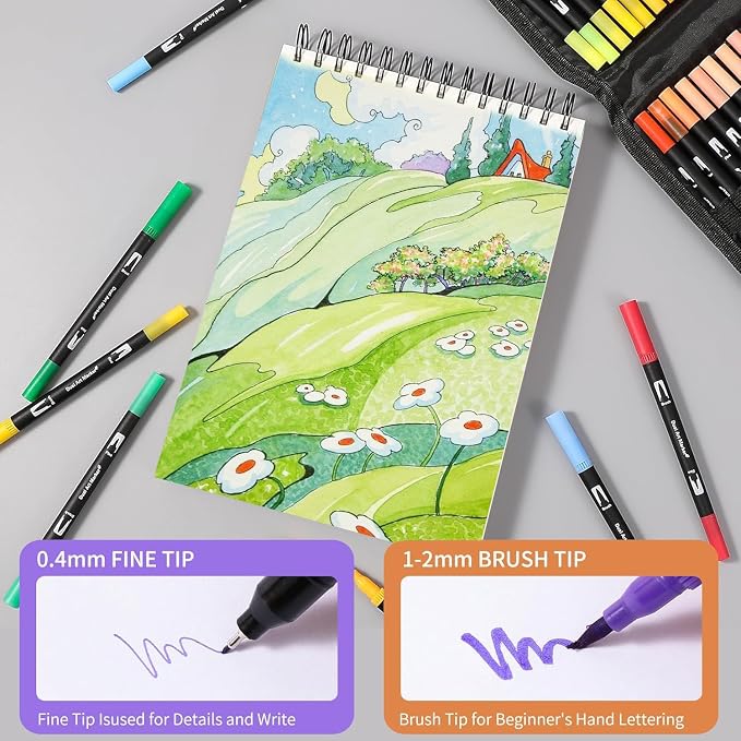 100 Colors Dual Tip Watercolor Markers Pens for School Supplies-Brush&Fine | Coloring Markers No Bleeding for Adult Coloring Books Calligraphy Card Making Sketching Journaling Note Taking Planner Travel