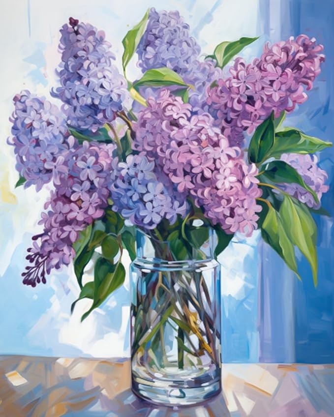 Tucocoo Paint by Number Blue Lilac in a Glass Vase Flowers DIY Painting On Canvas with Brushes Acrylic Paints Graffiti Paint by Numbers for Adults Kids Students Beginner 16x20 Inch（Without Frame）