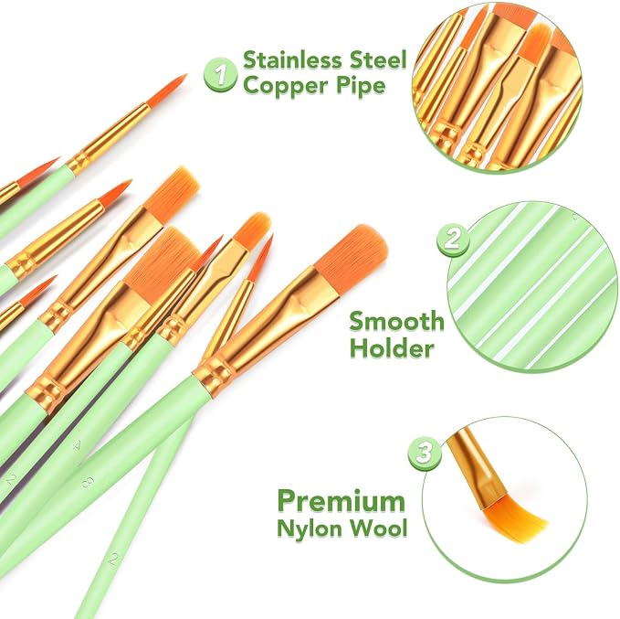 ESRICH 160PCS Paint Brushes, Paint Brush for Acrylic Painting | Artist Paintbrushes for Oil Watercolor, Body Face Rock Canvas, Small Paint Brushes for Kids, Green