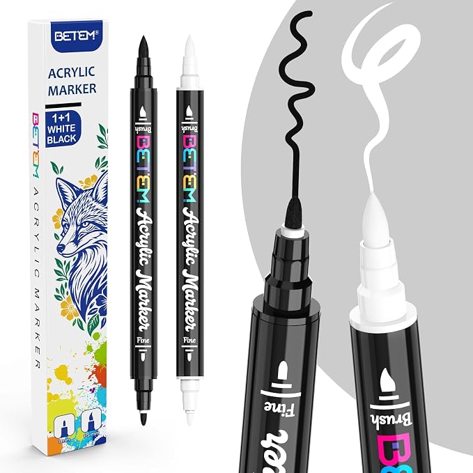 Betem 2 Black & White Paint Markers for Glass, Dual Tip Acrylic Paint Pens | Window, Fabric, Wood, Rock, Canvas, Acrylic Markers with Fine & Brush Tip, Art & Craft Supplies, Wine Glass Markers