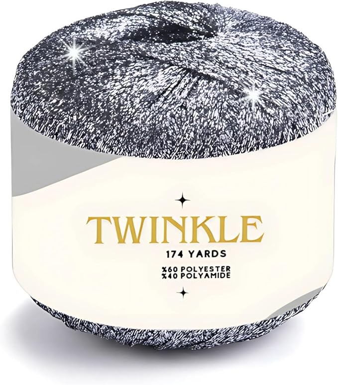 Twinkle Metallic Glitter Yarn Sparkle Fine 1 Light Fingering Weight Worsted Gold Silver for Crochet Knitting, 25g 0.88oz, 175yard Soft Craft Shawls Cardigans Bags Lurex (Night Sparkle, Pack 1)