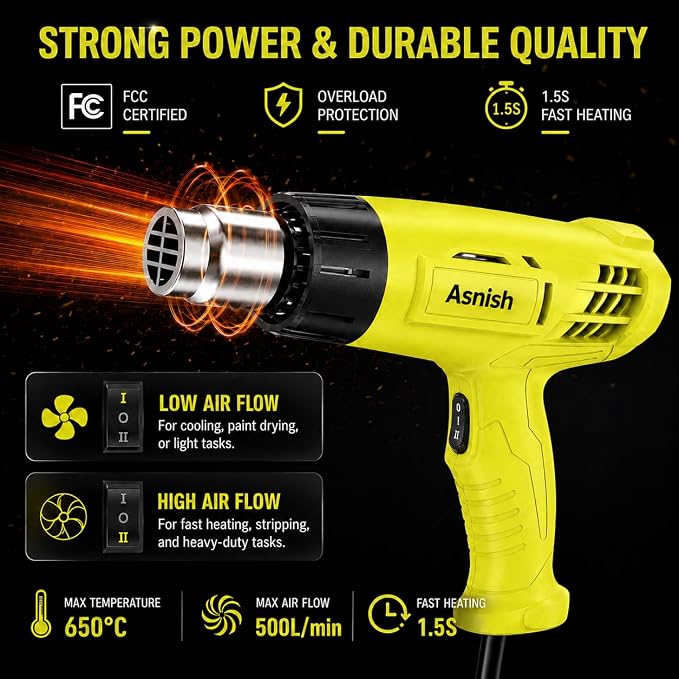 Asnish Heat Gun 1500W, Hot Air Gun Kit Dual Temperature Settings 572℉~932℉