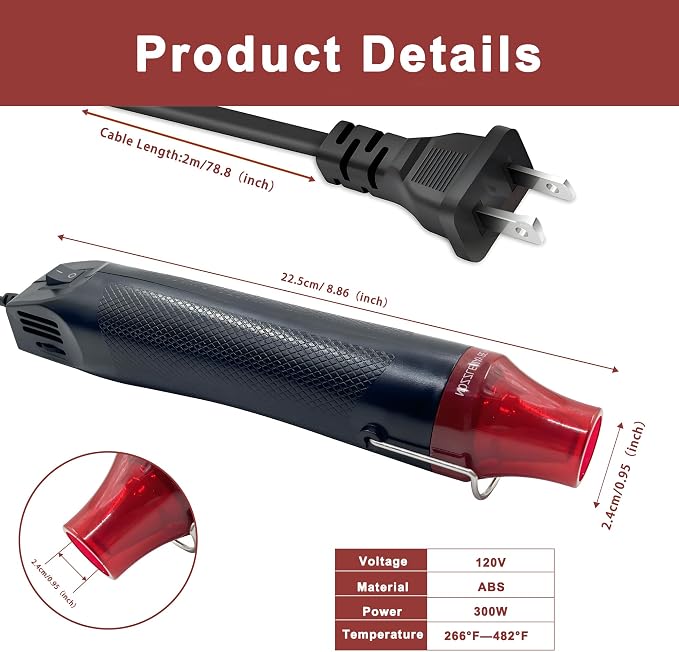 Mini Heat Gun for Crafting, 300W Heat Gun with Variable Temperature Settings Fast Heat Hot Air Gun Tool for Crafting, 6.56Ft Long Cable Heat Gun for Craft Dryer, Drying Paint, Shrink Tubing - Black