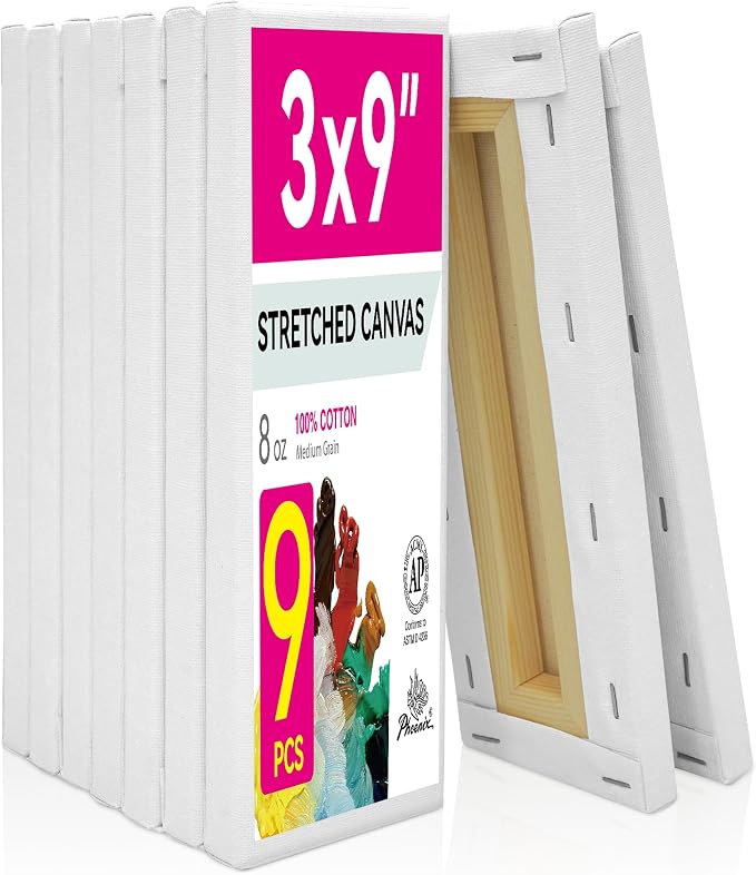PHOENIX Skinny Stretched Canvas for Painting 3x9 Inch/9 Value Pack, 8 Oz Triple Primed, 5/8 Inch Profile, 100% Cotton White Blank Canvas, Rectangular Framed Canvas for Oil Acrylic & Pouring Art