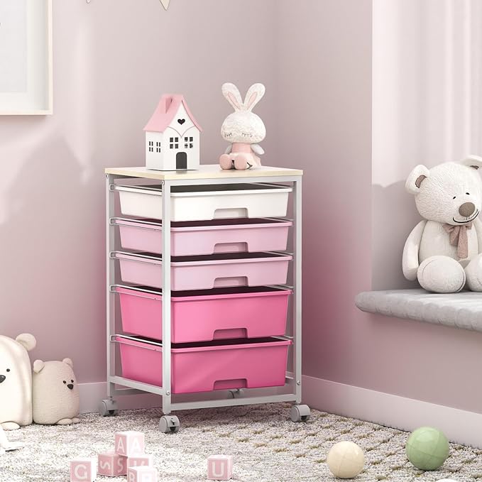 SYKIARIOL Utility Cart with Drawers,5 Drawers Storage Cart,Rose Pink | 5-Tiers Drawer Cart with Wooden Top with Lockable Wheels for Craft Organizers and Storage,Home Office,Classroom,Dorm,Playroom