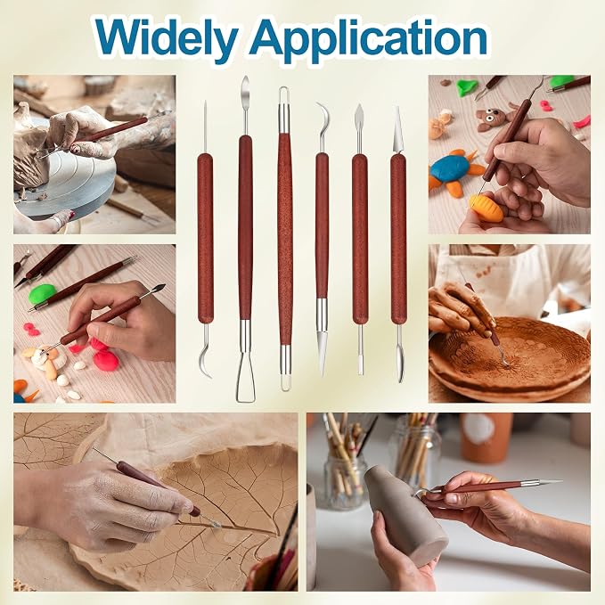 Amrules 6 Pcs Double-Ended Clay Carving Tools Set for Adults, Red | Double-Ended Stainless Steel Tips, Smooth Wood Handles, 12 Shapes for Shaping, Smoothing & Detailing, Ideal for All Levels
