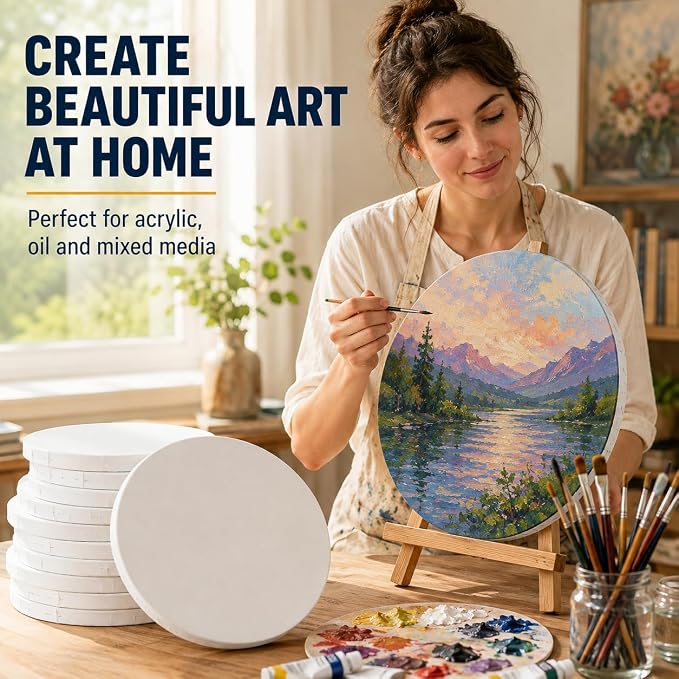 10 Pack Stretched Canvas for Painting, 12 Inch Round Canvas Panel, Circle White Art Canvas Panels, Cotton Primed Paint Blank Canvas for Oil, Acrylic, Gouache, Crafts