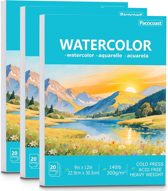 Pacocoast 9"x12" Cold Press Watercolor Paper Pad, 3Pack, Glue Bound, Teal