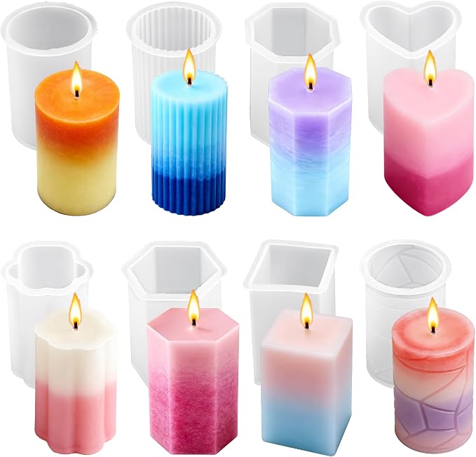 8PCS Reusable Silicone Candle Molds Set - Cylinder/Hexagon/Octagonal/Heart/Flower/Square Shapes for DIY Candle Making, Soap, Resin Crafts, Easy Release Candle Making Kit (8, Cylinder & Hexagon)